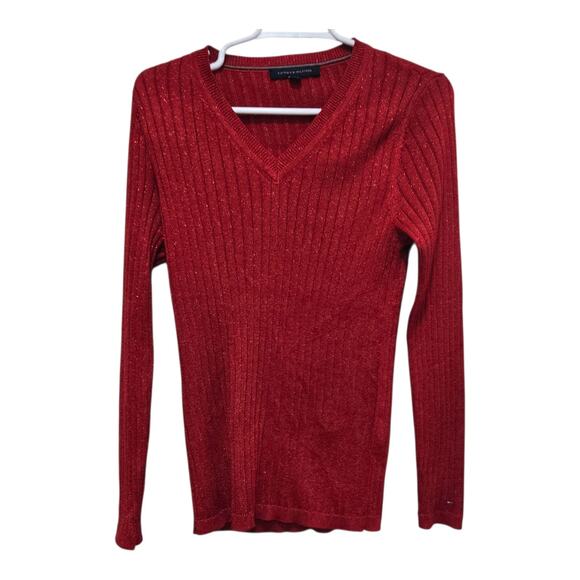 Tommy Hilfiger Red Metallic Ribbed Knit Sweater Size M - Picture 1 of 7